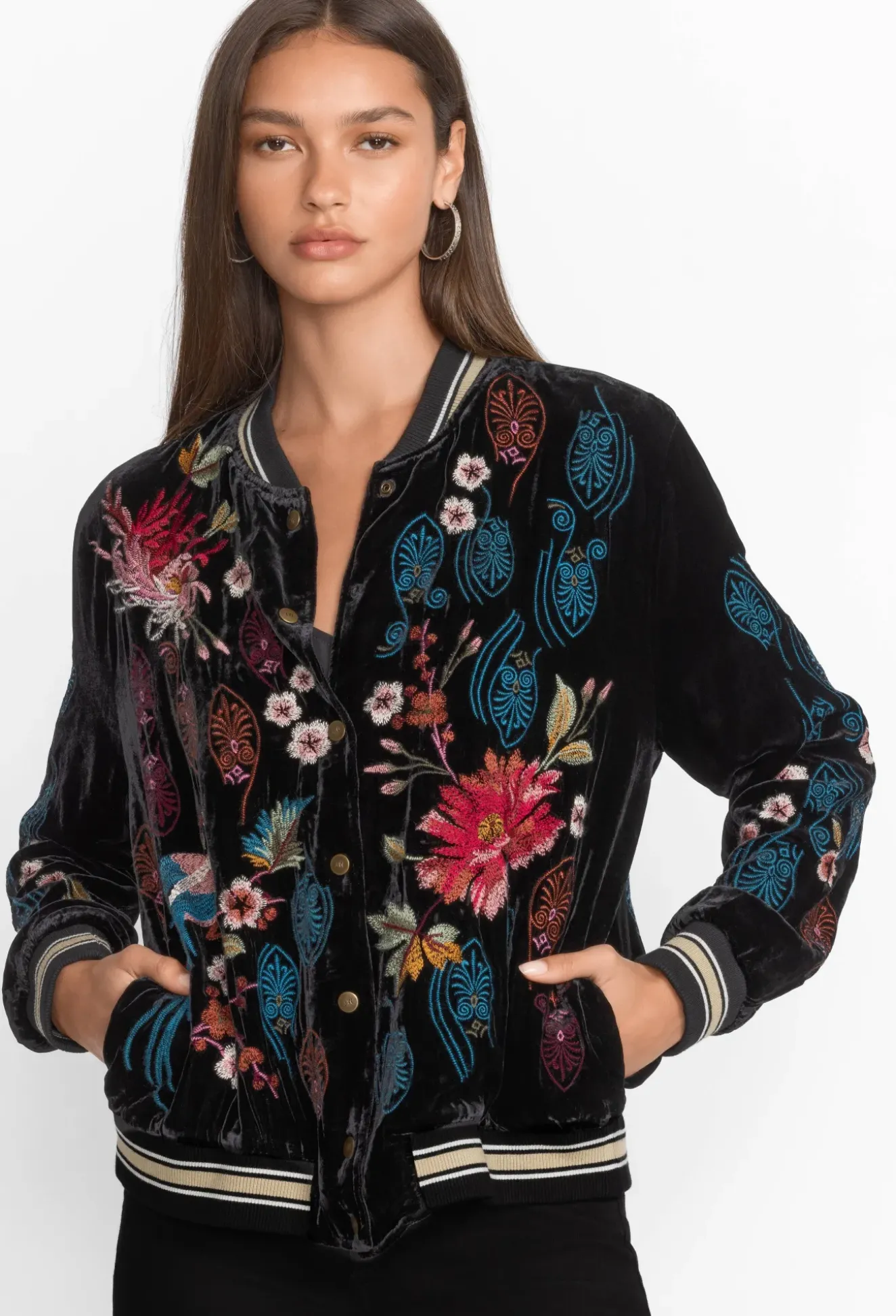 Ashira Velvet Snap Front Bomber Jacket