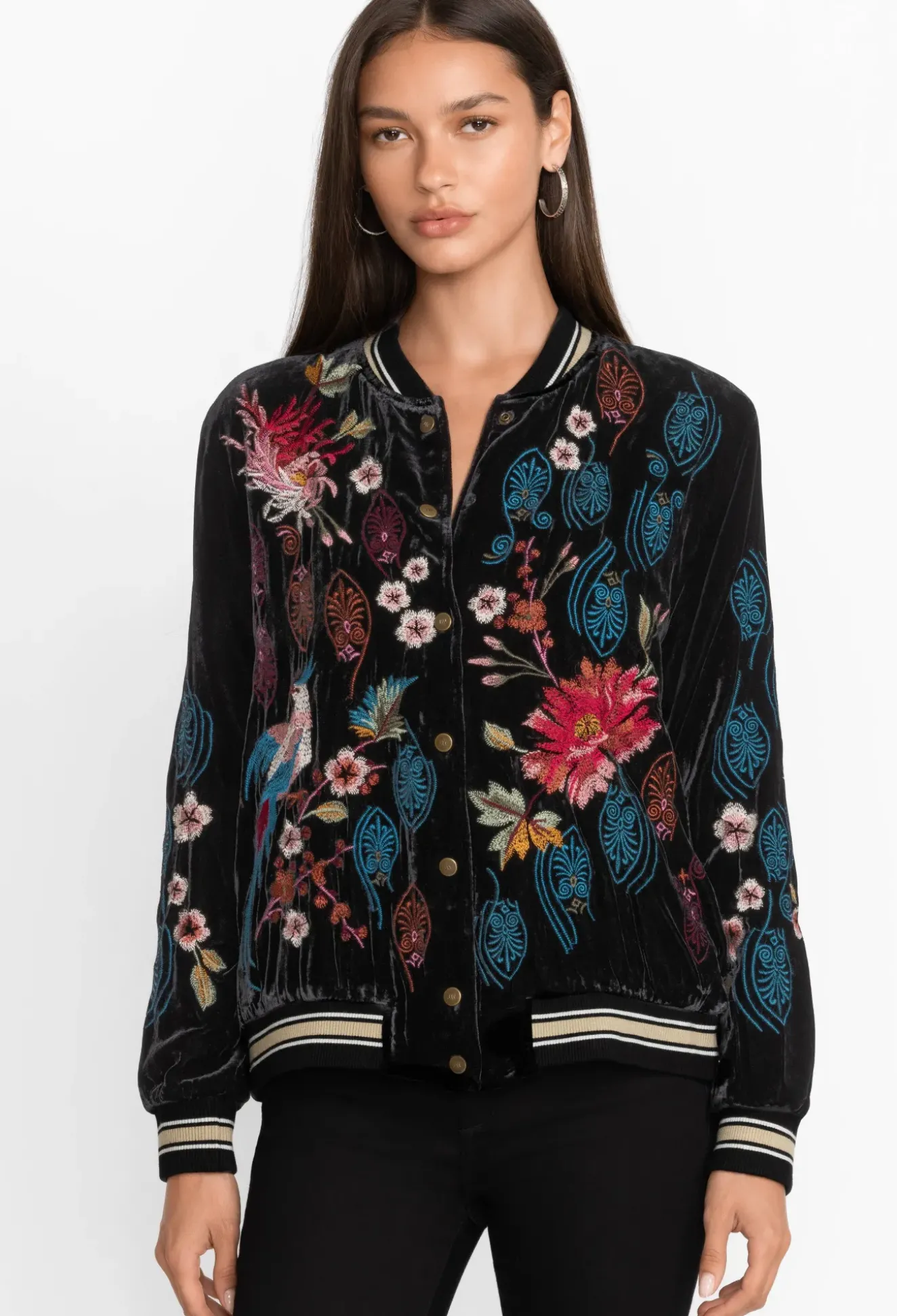 Ashira Velvet Snap Front Bomber Jacket