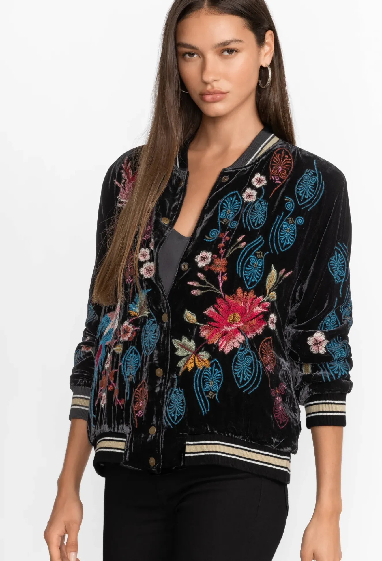 Ashira Velvet Snap Front Bomber Jacket