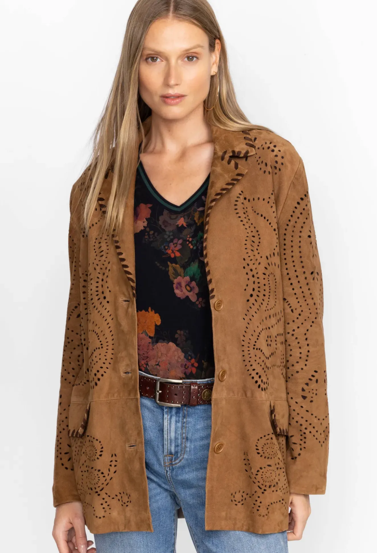 Laser Cut Suede Whipstitch Blazer