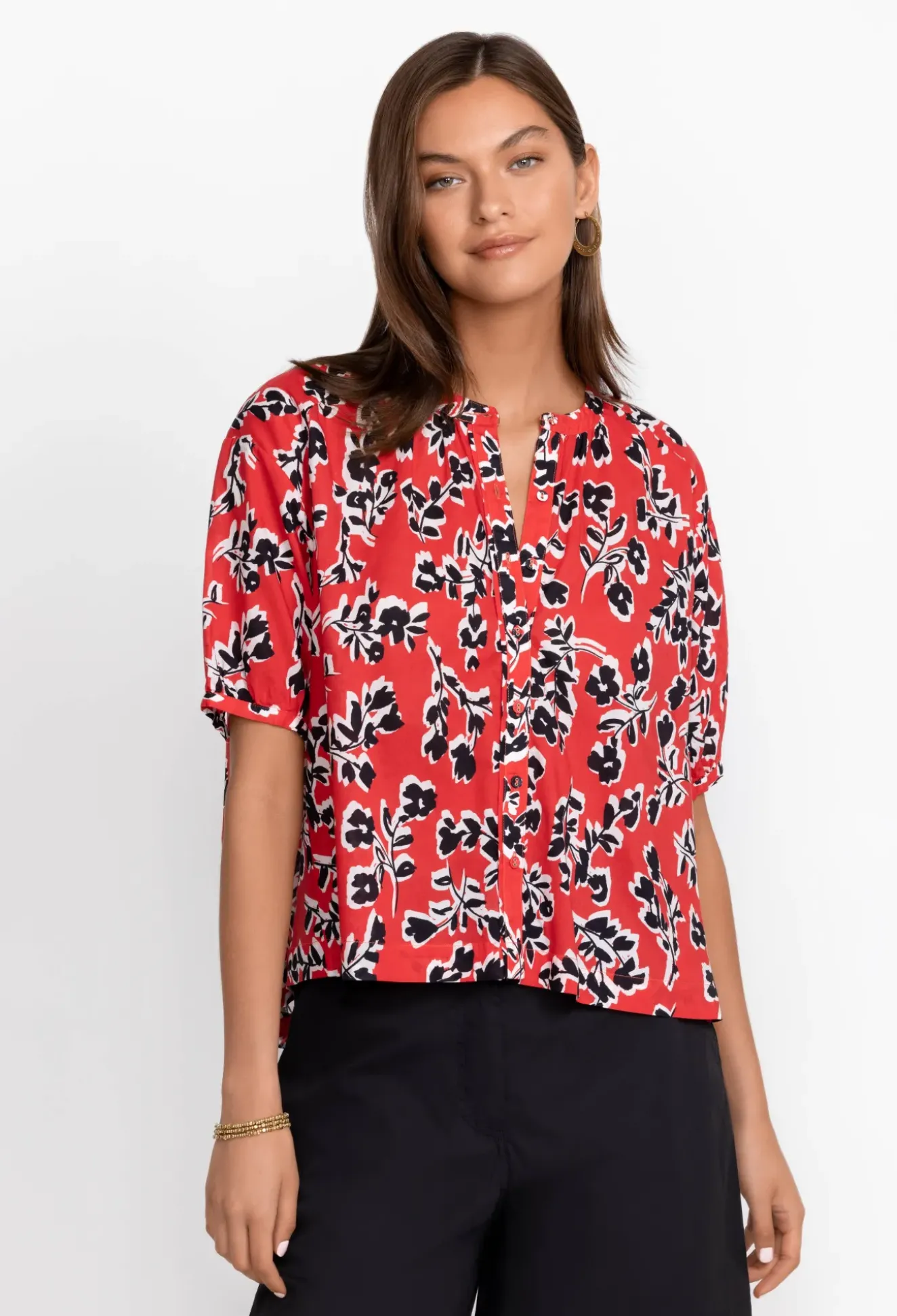 Shirred Neck Button Down Blouse